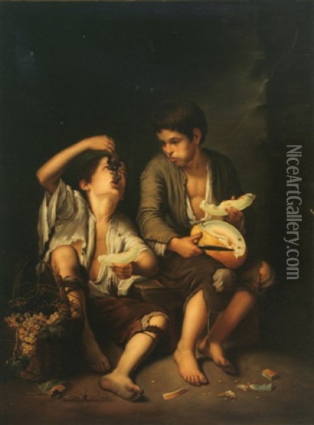 Boys Eating Grapes And Melon Oil Painting - Bartolome Esteban Murillo