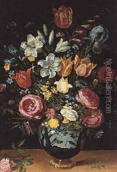 Still Life of Flowers in a Blue and White Vase Oil Painting - Philippe Morlier