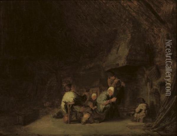 A Peasant Family By A Fireplace In A Barn Oil Painting - Adriaen Jansz. Van Ostade