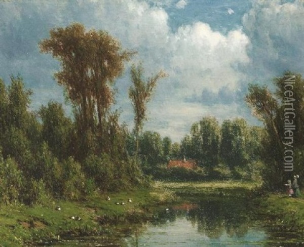 Sommerliche Bachlandschaft. Eine Familie Am Ufer Oil Painting - Jacob Jan van der Maaten