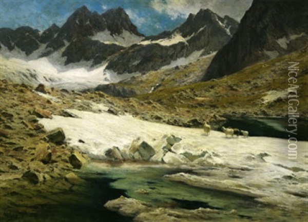 Im Hochgebirge. Schafe Auf Den Letzten Schneefeldern Vor Einem Gletschersee Oil Painting - Georg Hermann Engelhardt