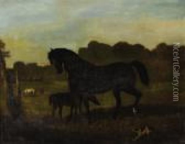 Mare And Colt Oil Painting - Alfred De Dreux