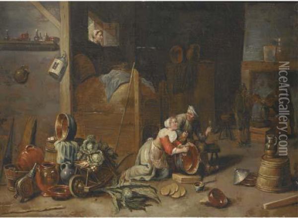 An Interior With A Maid 
Scourging A Pan And Talking To A Boor, With Other Peasants Smoking And 
Drinking Beyond Oil Painting - David The Younger Teniers