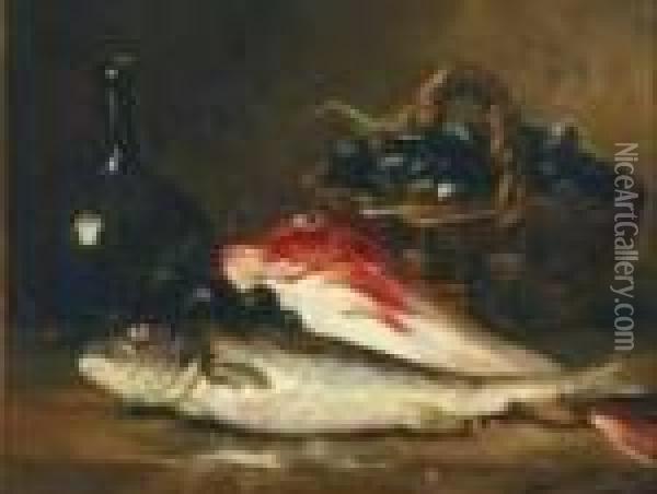 Still Life Of Fish , Wine And Fruit Oil Painting - Alphonse de Neuville