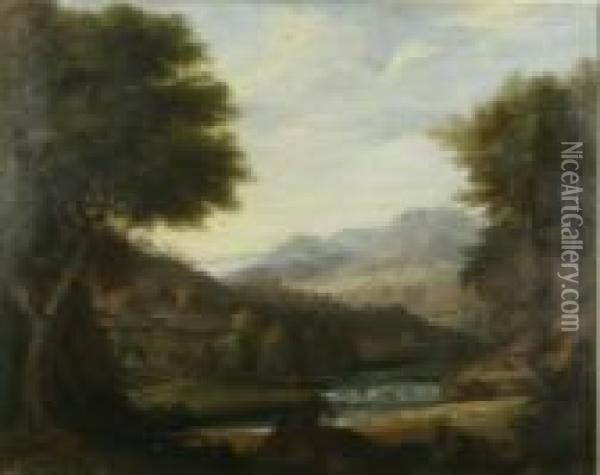 French Oil On Canvas Extensive Landscape 28 X 35in Oil Painting - Gaspard Dughet Poussin