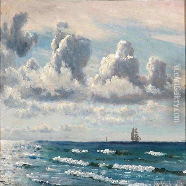Summer Day With Breakers And Sailing Ships On The Sea Oil Painting - Christian Vigilius Blache