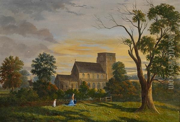 Figures Before South Creake Church Oil Painting - John Chase