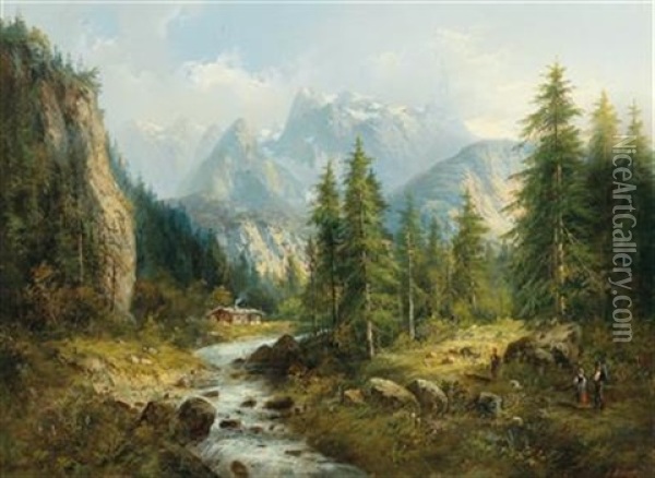 Mountain Landscape With Decorative Figures Oil Painting - Eduard Boehm