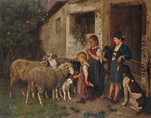 Drei Kinder Mit Schafen Vor Der Stalltur Oil Painting - Adolf Eberle