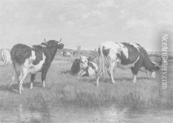 Cows In River Landscape With Distant Windmill Oil Painting - William Henry Howe