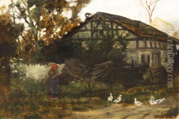 Feeding The Ducks Oil Painting - August Karl Martin Splitgerber