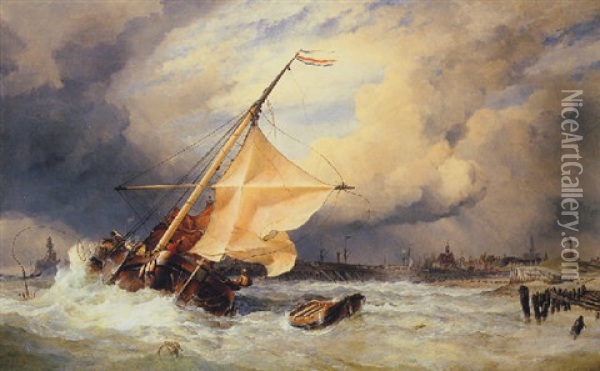 A Dutch Peon (poon) Running For The Port Of Harlingen, Is Driven In A Heavy Squall Outside The South Pier Head Oil Painting - Edward William Cooke