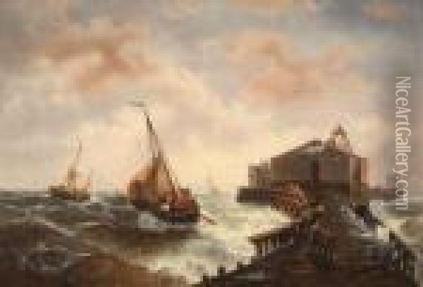 Segelboote Auf Sturmischer See Vor Einem Pier Oil Painting - Francois Etienne Musin