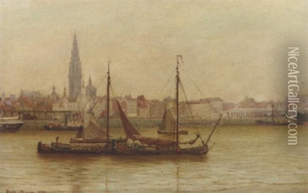 A View Of Antwerp Harbour Oil Painting - Aleth Bjorn