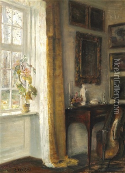 Interior With A Cello And A Small Piano Near A Window Towards The Garden Oil Painting - Carl Vilhelm Holsoe