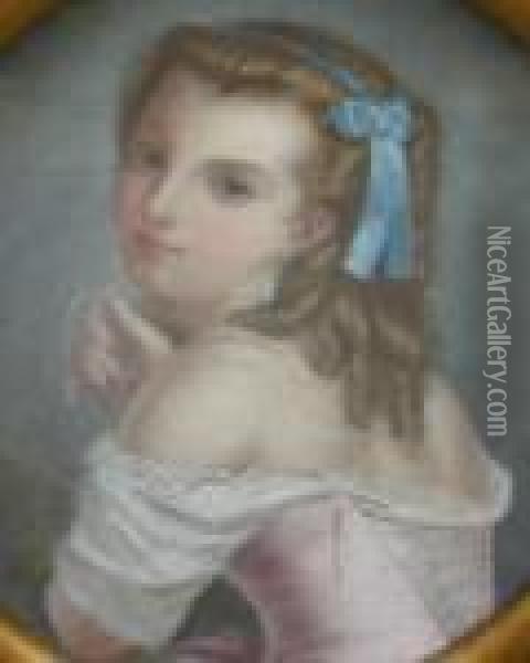 Young Woman With Blue Bow In Her
 Hair, A Long Strand Of Pearls Around Her Neck In A White And Pink 
Dress, The Bodice Unlaced Oil Painting - John Russell