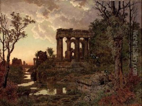 Sonnenuntergang Hinter Romischen Ruinen Oil Painting - Ferdinand Knab