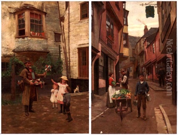 Toy Seller (+ Vegetable Seller; 2 Works) Oil Painting - John L. Wimbush