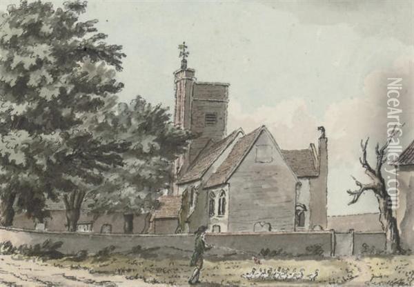 Herding Ducks In Front Of Barnes Church (illustrated); And Gathering Corn In Front Of Mortlake Church Oil Painting - John Hassell