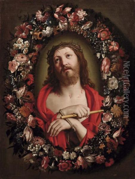 Busto Di Cristo Come Ecce Homo Entro Ghirlanda Di Fiori Olio Su Tela Oil Painting - Giovanni Battista Salvi
