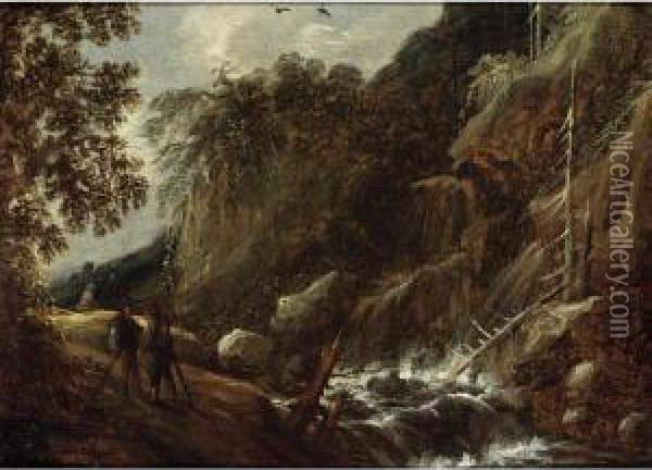 A Wooded River Landscape With Figures Conversing On A Path Near A Waterfall Oil Painting - Francis Van Knibbergen