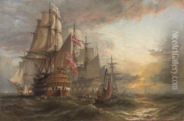 A Squadron Of Danish Warships Moored Off The Entrance To Portsmouth Harbour Oil Painting - Henry Thomas Dawson