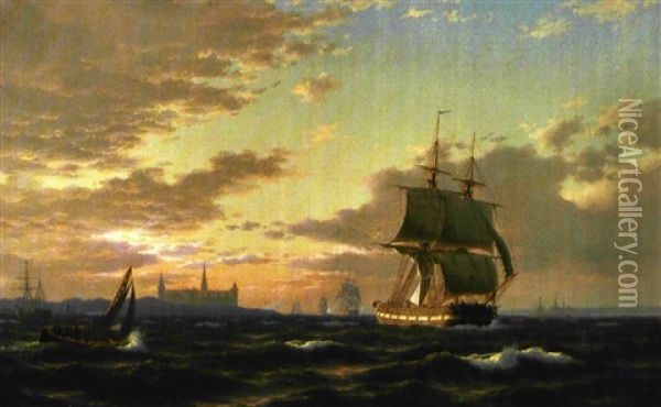 Sejlskibe I Sundet Ud For Kronborg Oil Painting - Carl Emil Baagoe