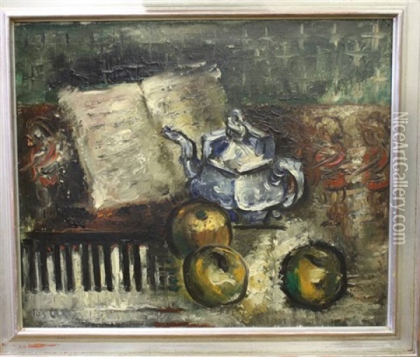 Stilleven Met Klavier, Blauw Potje En Appels Oil Painting - Jos Croin