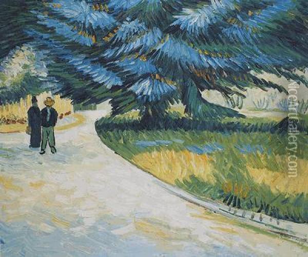 Poet's Garden With A Couple And A Blue Fir Oil Painting - Vincent Van Gogh