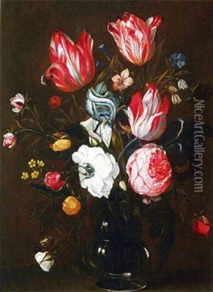 Fleurs Dans Un Vase En Verre Oil Painting - Jan van den Hecke the Elder