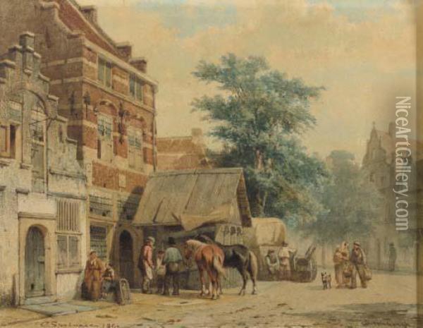 A View In A Street, Culemborg, With A Blacksmith At Work Oil Painting - Cornelis Springer