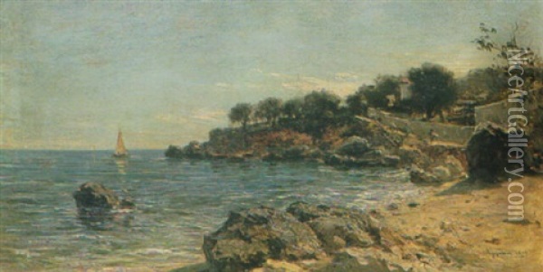 Meereskuste Mit Segelboot Und Haus Hinter Mauern Oil Painting - Adolphe Appian