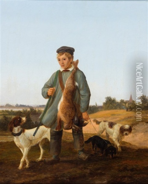 Junger Mann Mit Erlegtem Hasen Und Den Jagdhunden Oil Painting - Charles Jones