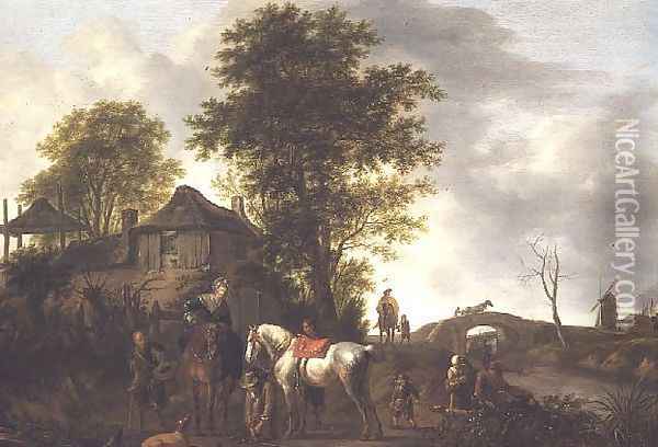 A landscape with a cottage and horsemen Oil Painting - Pieter Wouwermans or Wouwerman