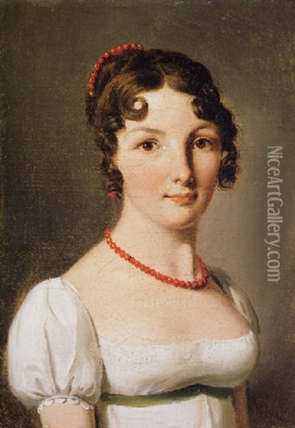 Portrait Of A Lady In A White Dress With A Red Necklace Oil Painting - Louis Leopold Boilly