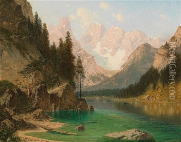The Durrensee With View Of Monte Cristallo And Piz Popena Oil Painting - Josef von Schloegl