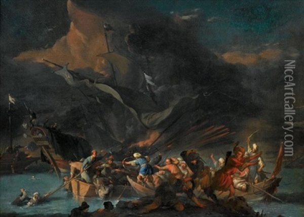 A Sea Battle Between Turks And Europeans (the Battle Of Lepanto?) Oil Painting - Johannes Lingelbach