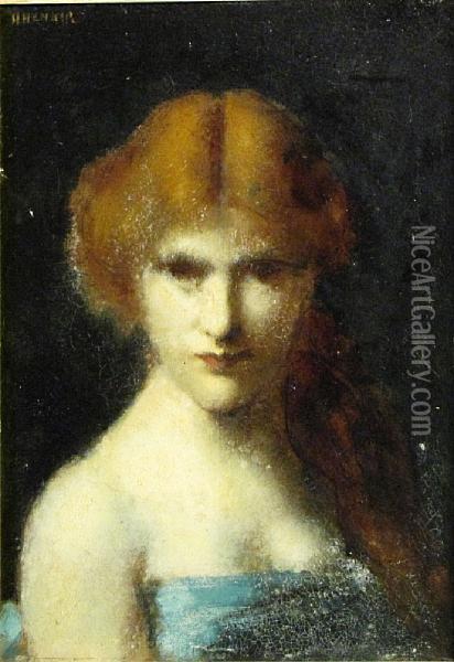 A Young Woman Wearing A Blue Wrap Oil Painting - Jean-Jacques Henner