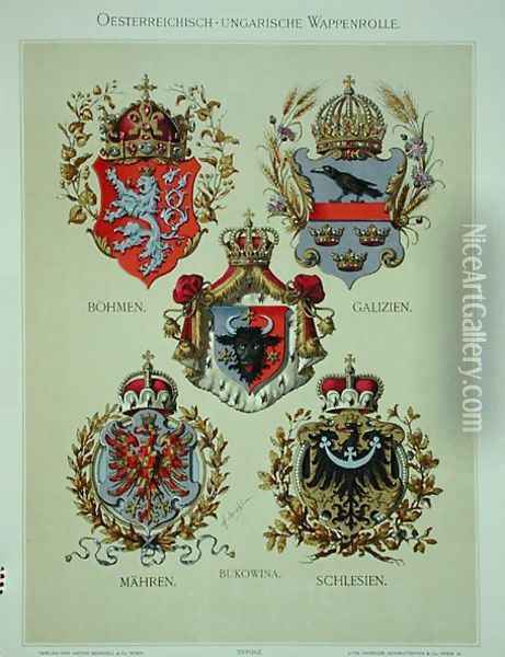 Coats of arms from the Austro-Hungarian Empire, from Heraldischer Atlas by the artist, 1899 2 Oil Painting - Strohl, Hugo Gerard