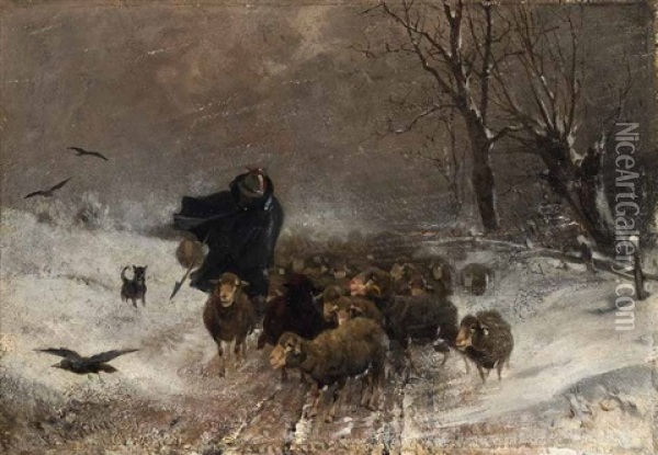 Schafer Mit Seiner Herde Im Schneesturm Oil Painting - Adolf Ernst Meissner