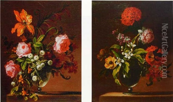 Bouquet De Fleurs (+ Another, Similar; Pair) Oil Painting - Jean-Baptiste Belin de Fontenay the Elder