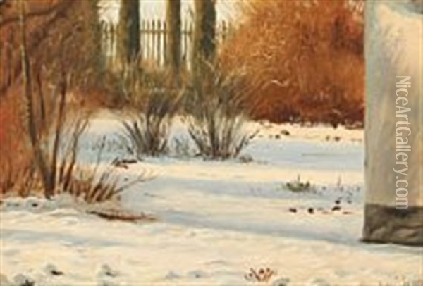 Winter Landscape With Sunlight In A Garden Oil Painting - Christen Dalsgaard
