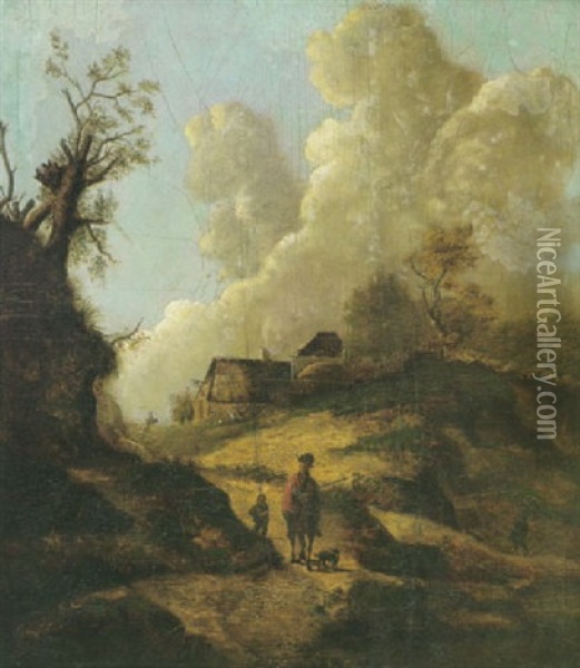 A Country Scene With A Traveller On Horseback And A Boy And Dog On A Path Oil Painting - Jan Dirksz. Both