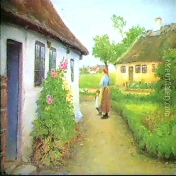 Mor Og Barn Ved Bondehuse, I Forgrunden Stokroser Oil Painting - Hans Andersen Brendekilde