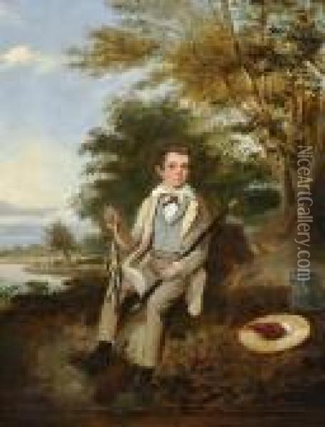 Young Boy Seated In A Landscape Oil Painting - Edmund Bristow