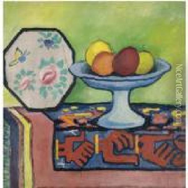 Stilleben Mit Apfelschale Und 
Japanischem Facher (still-life With Bowl Of Apples And Japanese Fan) Oil Painting - August Macke