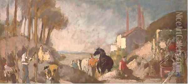 Figures working in an industrial landscape Oil Painting - French School