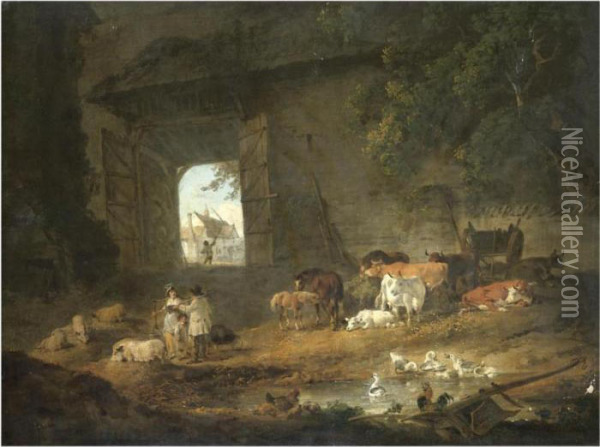 Figures And Livestock In A Barn, Wales Oil Painting - Julius Caesar Ibbetson