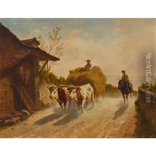 Strassenpartie Mit Heuwagen Und Reiter Oil Painting - Charles (Jean-Ch. Ferdinand) Humbert