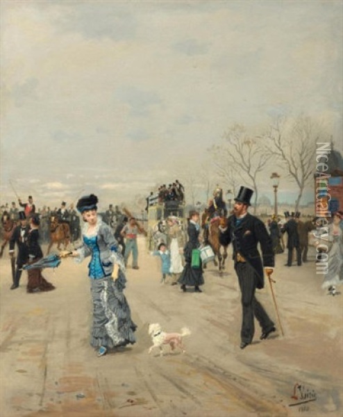 Pedestrians In The Place Des Invalides, Paris Oil Painting - Leon Joseph Voirin